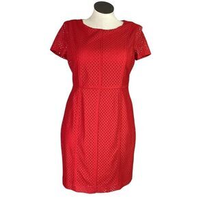 Talbots Dress Women 14P Petite Red Cotton Blend Eyelet Lined Short Sleeve Sheath